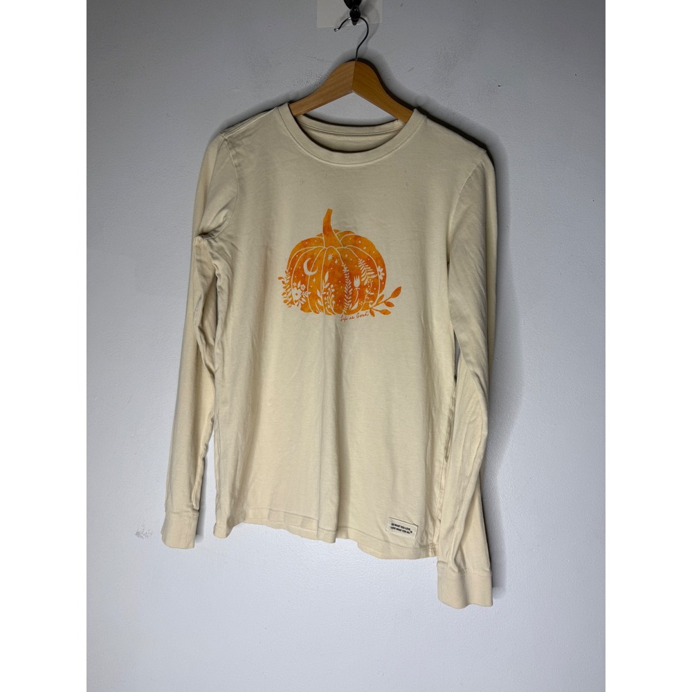 Life is Good Womens Crusher Long Sleeve Pumpkin Moon Floral Tee Cream Small